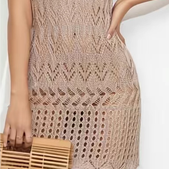 Women's V-Neck Sheer Cover Up Dress - Khaki Hollow Out Crochet Swimwear - Picture 3 of 5